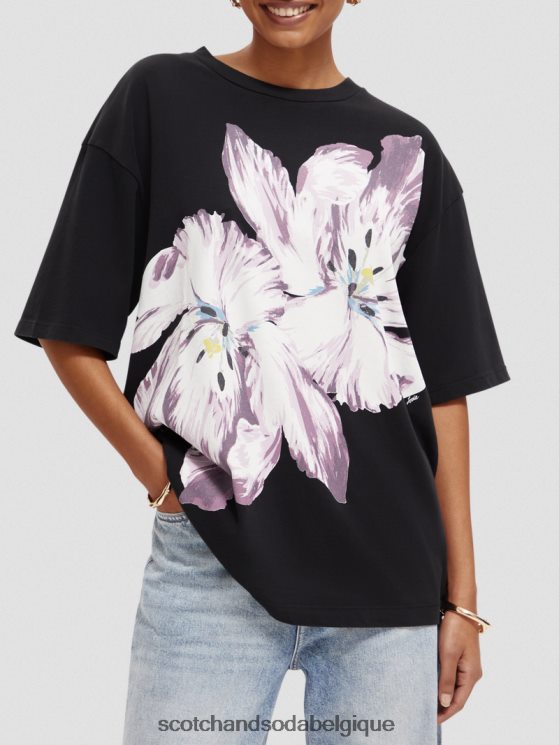vêtements Scotch & Soda t-shirt bio oversize à motif floral- Scotch and Soda Bruxelles tulipe jumelle onyx noir 6BZRBF66