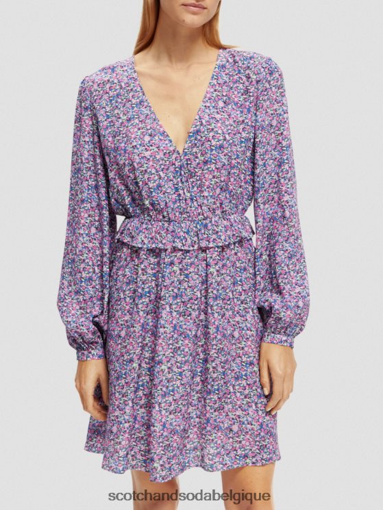 vêtements Scotch & Soda robe courte imprimée à manches longues et col en V- Scotch and Soda Belgique Rosaria violet 6BZRBF29