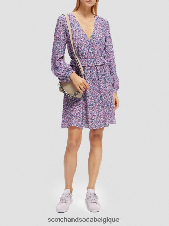 vêtements Scotch & Soda robe courte imprimée à manches longues et col en V- Scotch and Soda Belgique Rosaria violet 6BZRBF29