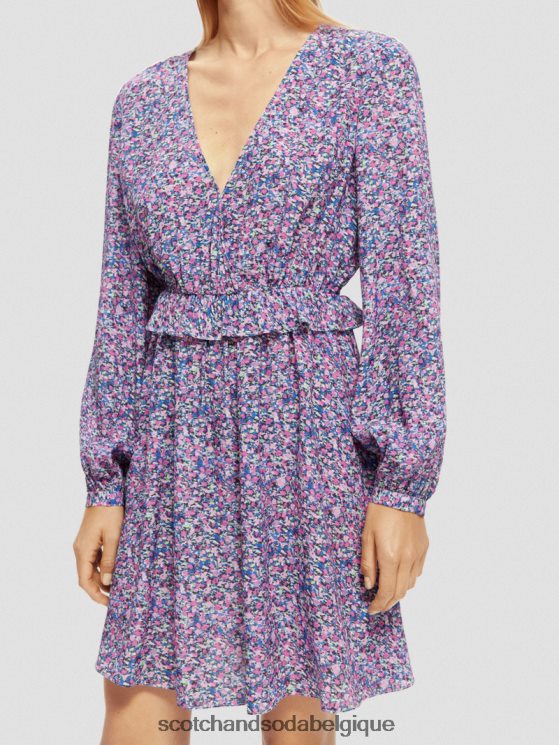 vêtements Scotch & Soda robe courte imprimée à manches longues et col en V- Scotch and Soda Belgique Rosaria violet 6BZRBF29