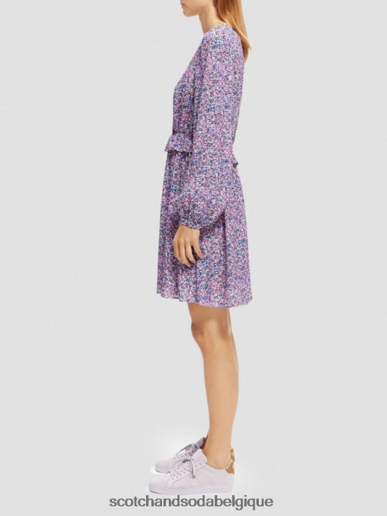 vêtements Scotch & Soda robe courte imprimée à manches longues et col en V- Scotch and Soda Belgique Rosaria violet 6BZRBF29