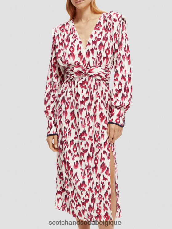 vêtements Scotch & Soda robe midi ceinturée à manches longues et col V- Scotch and Soda Belgique tarte aux cerises ikat brossées 6BZRBF38
