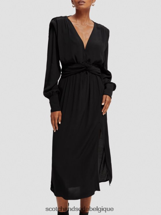 vêtements Scotch & Soda robe midi ceinturée à manches longues et col V- Scotch and Soda Bruxelles noir 6BZRBF39