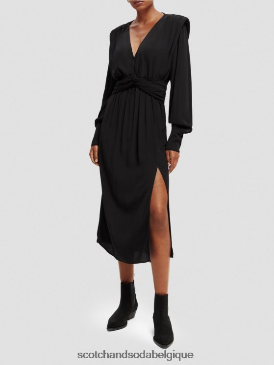 vêtements Scotch & Soda robe midi ceinturée à manches longues et col V- Scotch and Soda Bruxelles noir 6BZRBF39