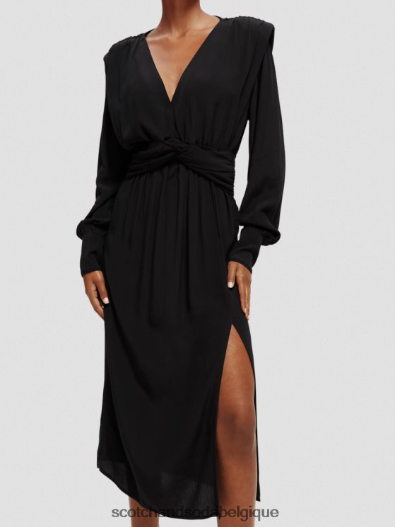 vêtements Scotch & Soda robe midi ceinturée à manches longues et col V- Scotch and Soda Bruxelles noir 6BZRBF39