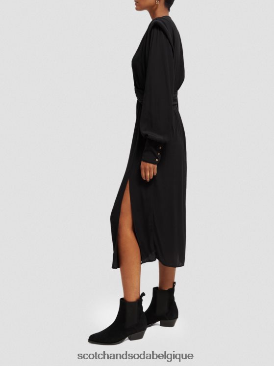 vêtements Scotch & Soda robe midi ceinturée à manches longues et col V- Scotch and Soda Bruxelles noir 6BZRBF39