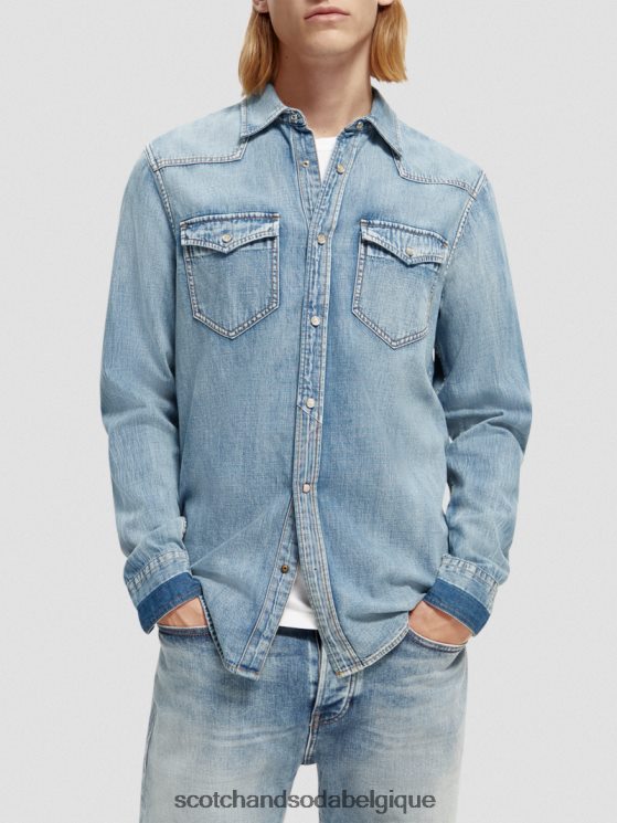 vêtements Scotch & Soda chemise western en denim réparé coupe classique- Scotch and Soda Liﾨﾨge indigo lavé 6BZRBF303