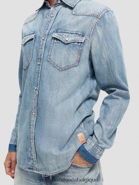 vêtements Scotch & Soda chemise western en denim réparé coupe classique- Scotch and Soda Liﾨﾨge indigo lavé 6BZRBF303