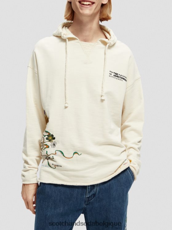 vêtements Scotch & Soda sweat à capuche en coton biologique à broderies artistiques- Scotch and Soda shop online blanc cassé 6BZRBF512