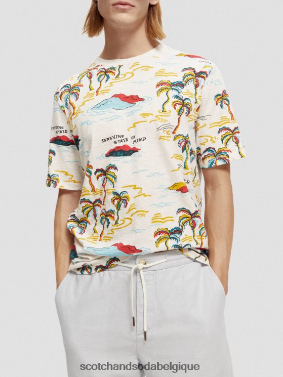 vêtements Scotch & Soda t-shirt imprimé à col rond- Scotch and Soda parfum île aux palmiers blancs aop 6BZRBF412