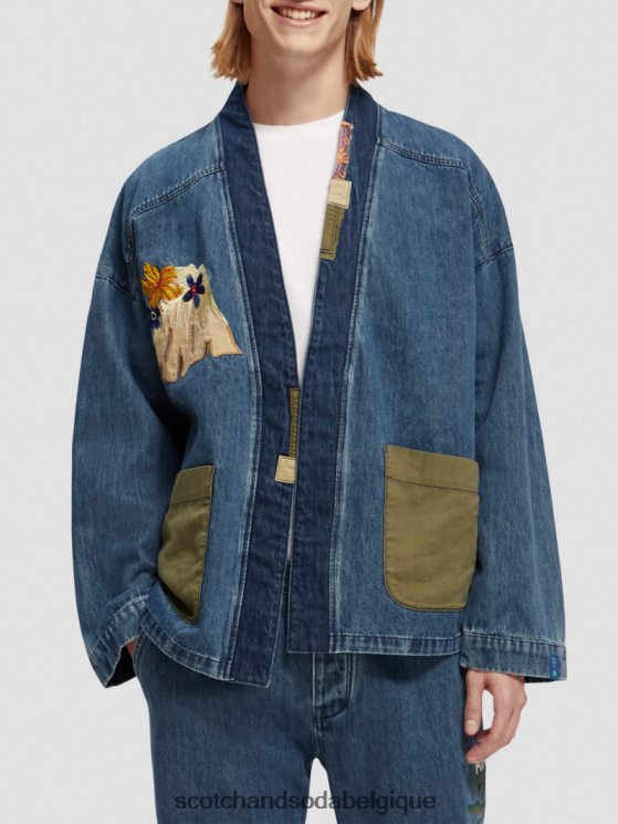 vêtements Scotch & Soda veste kimono en jean à broderies- Scotch and Soda shop near me indigo lavé 6BZRBF558