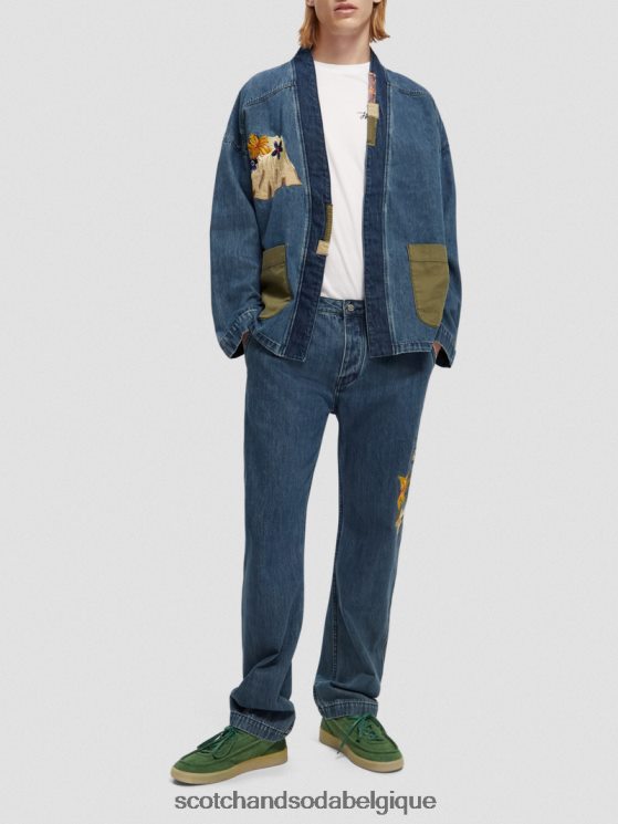 vêtements Scotch & Soda veste kimono en jean à broderies- Scotch and Soda shop near me indigo lavé 6BZRBF558
