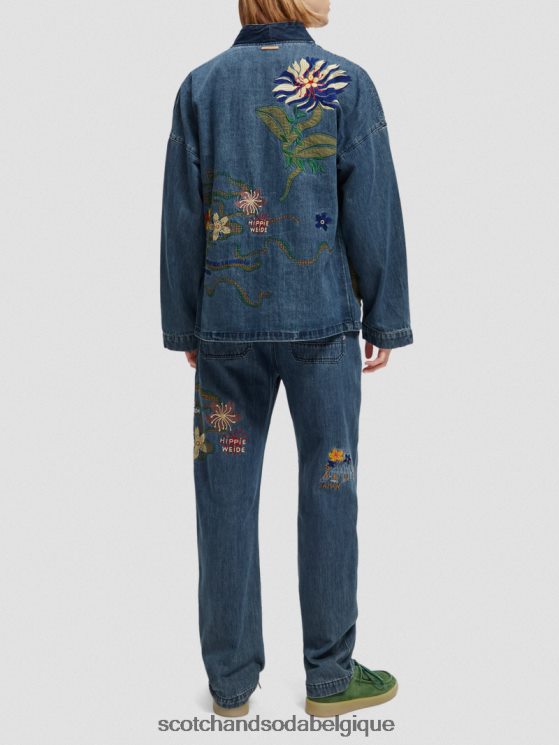 vêtements Scotch & Soda veste kimono en jean à broderies- Scotch and Soda shop near me indigo lavé 6BZRBF558