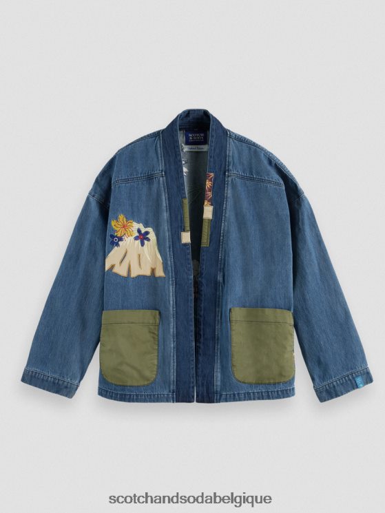 vêtements Scotch & Soda veste kimono en jean à broderies- Scotch and Soda shop near me indigo lavé 6BZRBF558