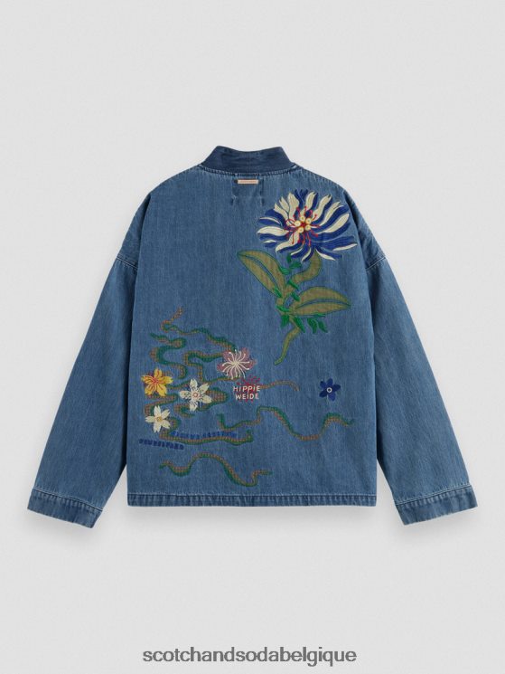vêtements Scotch & Soda veste kimono en jean à broderies- Scotch and Soda shop near me indigo lavé 6BZRBF558