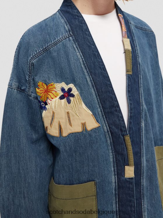 vêtements Scotch & Soda veste kimono en jean à broderies- Scotch and Soda shop near me indigo lavé 6BZRBF558