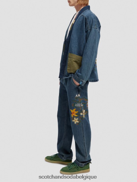 vêtements Scotch & Soda veste kimono en jean à broderies- Scotch and Soda shop near me indigo lavé 6BZRBF558